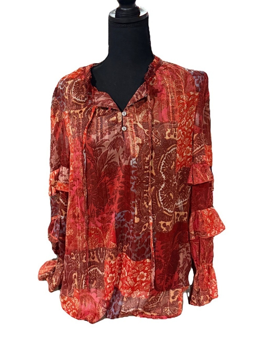 FRYE AND CO. Red Multi Print Sheer Blouse Large
